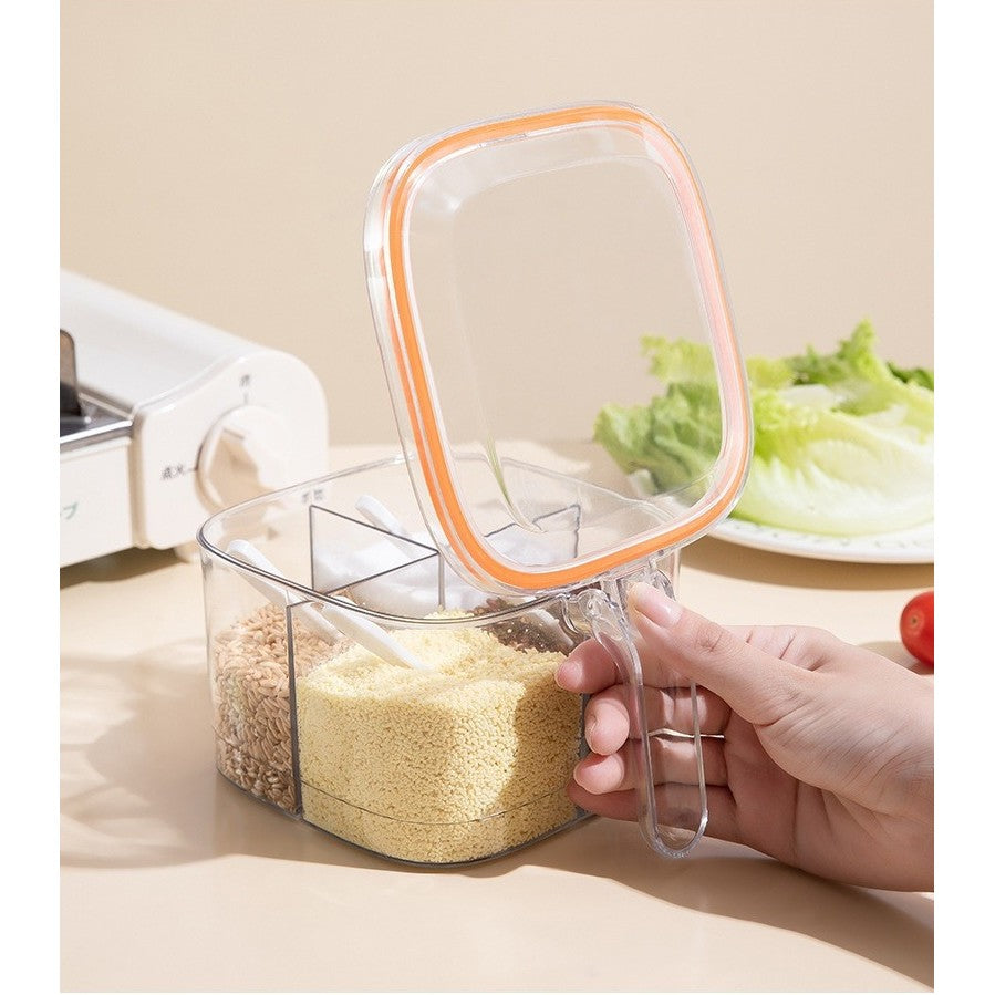 Cutie Depozitare Alimente si Condimente, 5 Compartimente cu Lingurite, Inchidere Ermetica cu Silicon si Maner, Plastic Transparent, 20 x 10 x 10 cm, Alb/Portocaliu