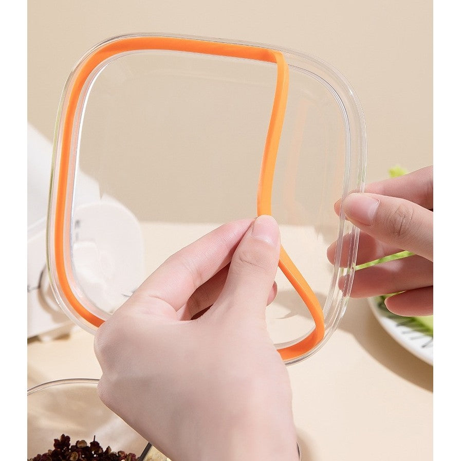 Cutie Depozitare Alimente si Condimente, 5 Compartimente cu Lingurite, Inchidere Ermetica cu Silicon si Maner, Plastic Transparent, 20 x 10 x 10 cm, Alb/Portocaliu