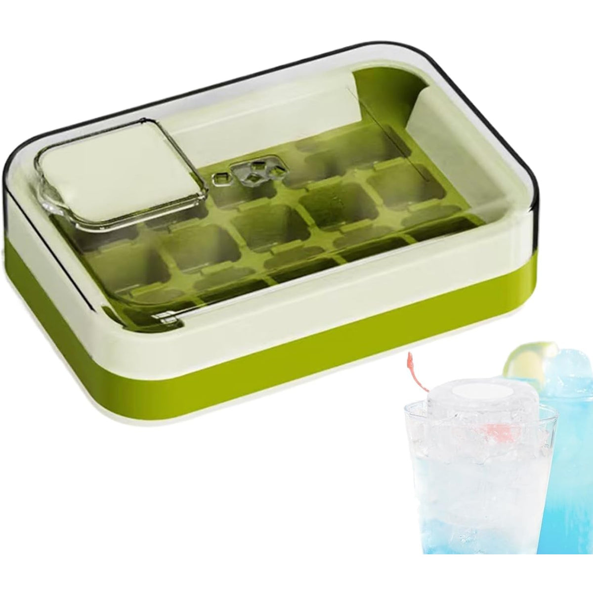 Cutie Cuburi De Gheata Cu Sistem De Presare Si Eliberare Rapida, Forma Pentru 15 Cuburi Cu Capac De Umplere, PET/TPU/PP, 1 L, 16.5 x 11.2 x 4.5 cm, Verde