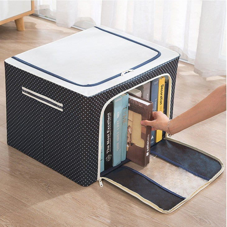 Cutie Depozitare Haine Pliabila, Organizator Textil cu Cadru Metalic si Fermoar Dublu, Material Oxford Impermeabil, 66 L, 50 x 40 x 33 cm, Albastru Marin cu Buline
