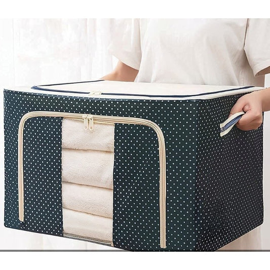 Cutie Depozitare Haine Pliabila, Organizator Textil cu Cadru Metalic si Fermoar Dublu, Material Oxford Impermeabil, 66 L, 50 x 40 x 33 cm, Albastru Marin cu Buline