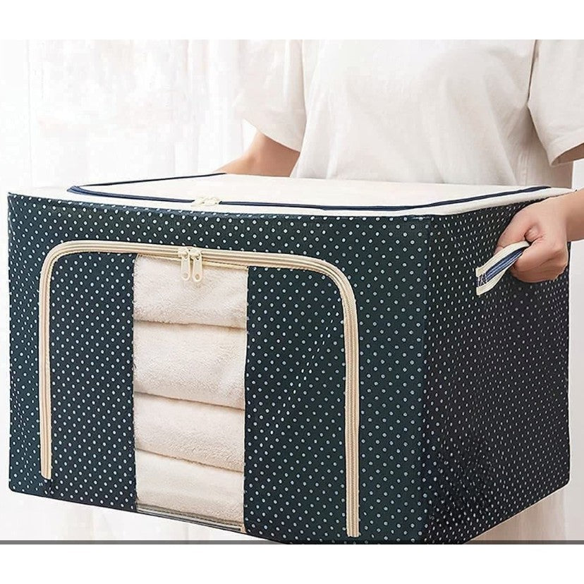 Cutie Depozitare Haine Pliabila, Organizator Textil cu Cadru Metalic si Fermoar Dublu, Material Oxford Impermeabil, 66 L, 50 x 40 x 33 cm, Albastru Marin cu Buline