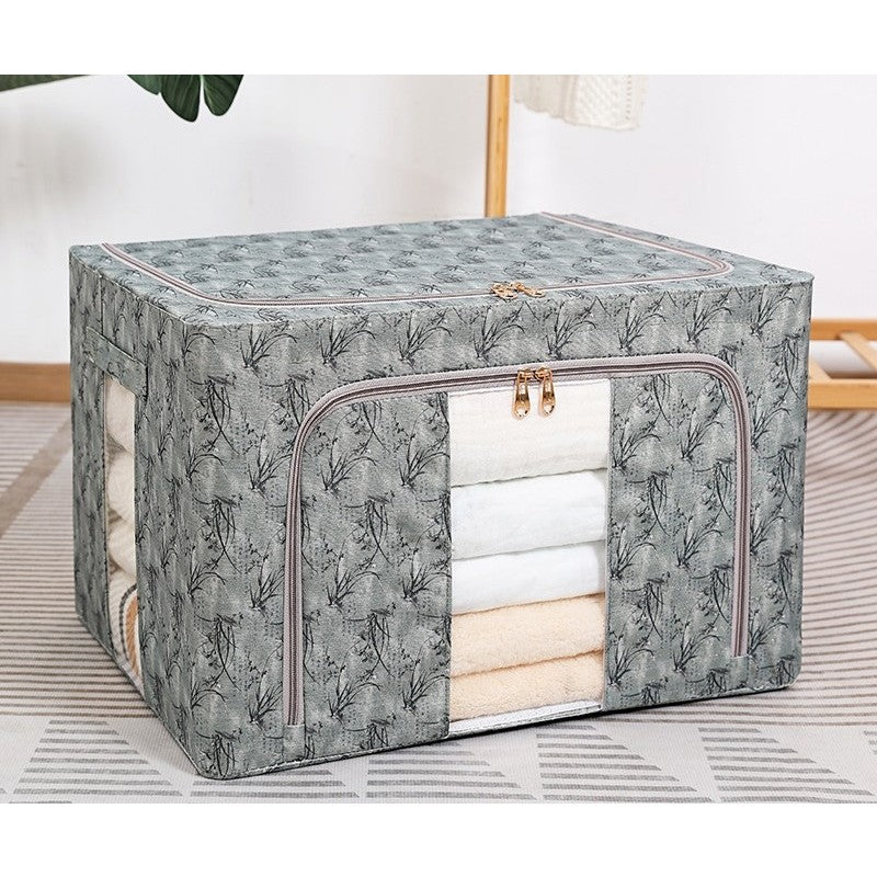 Cutie Depozitare Haine si Lenjerii, Organizator Pliabil cu Cadru Metalic si Fereastra, Material Textil, 66L, 50 x 40 x 33 cm, Verde Model Bambus