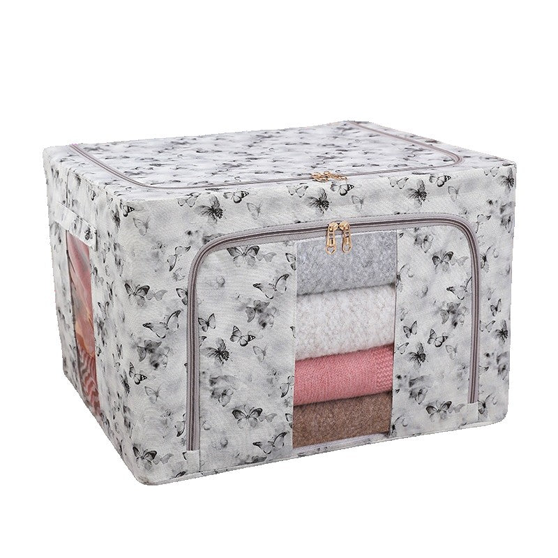 Cutie Depozitare Haine si Lenjerii, Organizator Pliabil cu Cadru Metalic si Fereastra, Material Textil, 66L, 50 x 40 x 33 cm, Gri/Auriu cu Fluturasi