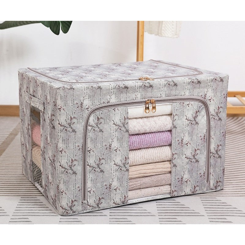 Cutie Depozitare Haine si Lenjerii, Pliabila cu Cadru Metalic si Fereastra Transparenta, Material Textil Impermeabil, 66L, 50 x 40 x 33 cm, Gri cu Flori de Primavara