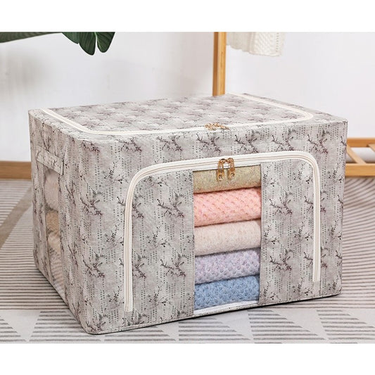 Cutie Depozitare Haine si Lenjerii, Pliabila cu Cadru Otel si Fereastra Transparenta, Material Textil Ecologic, Model Flori, Verde, 66L, 50 x 40 x 33 cm