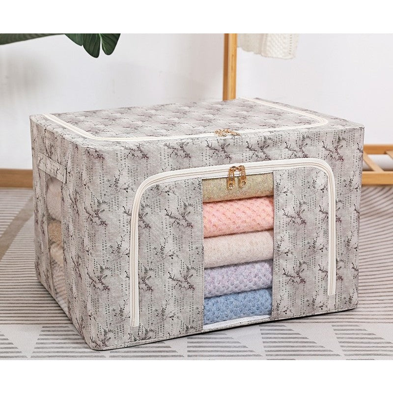 Cutie Depozitare Haine si Lenjerii, Pliabila cu Cadru Otel si Fereastra Transparenta, Material Textil Ecologic, Model Flori, Verde, 66L, 50 x 40 x 33 cm