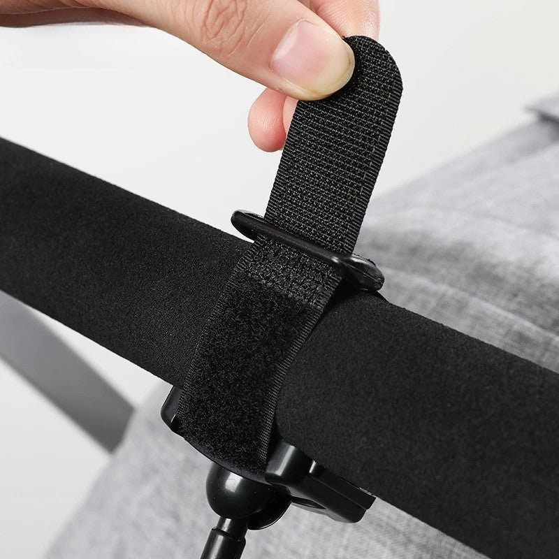 Set 2 Carlige pentru Carucior, Cap Rotativ 360 Grade, Suport Sacoșe și Genți, Plastic cu Prindere Velcro, Sarcina 2 kg, Negru