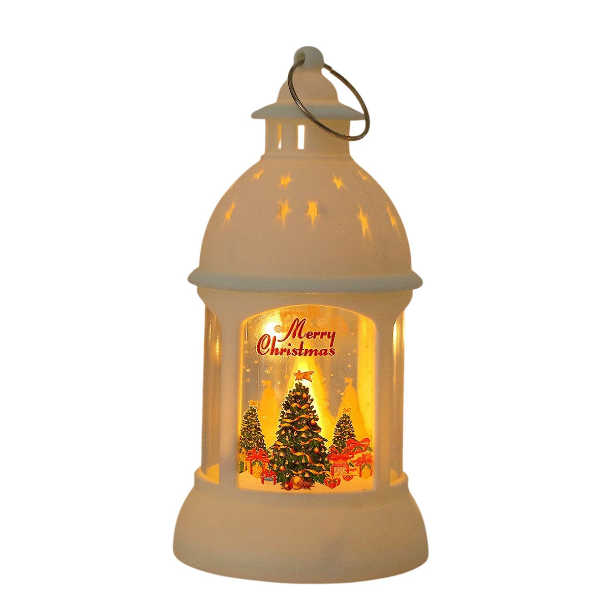 Decorațiune de Crăciun, Sfeșnic de Birou și Lumină de Noapte, Model Brad cu Inel de Agățat, Plastic, 6.8 x 13.5 x 2 cm, Alb