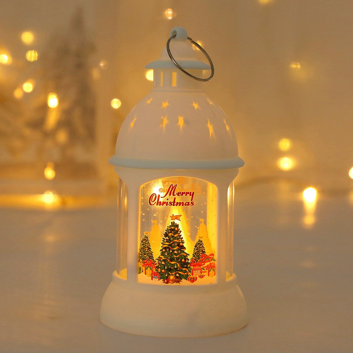 Decorațiune de Crăciun, Sfeșnic de Birou și Lumină de Noapte, Model Brad cu Inel de Agățat, Plastic, 6.8 x 13.5 x 2 cm, Alb