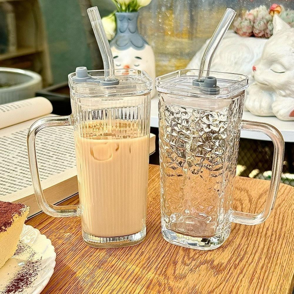 Pahar pentru Răcoritoare și Cafea cu Pai și Mâner, Sticlă Rezistentă Termic, Model Dungi Verticale, Transparent, 330 ml