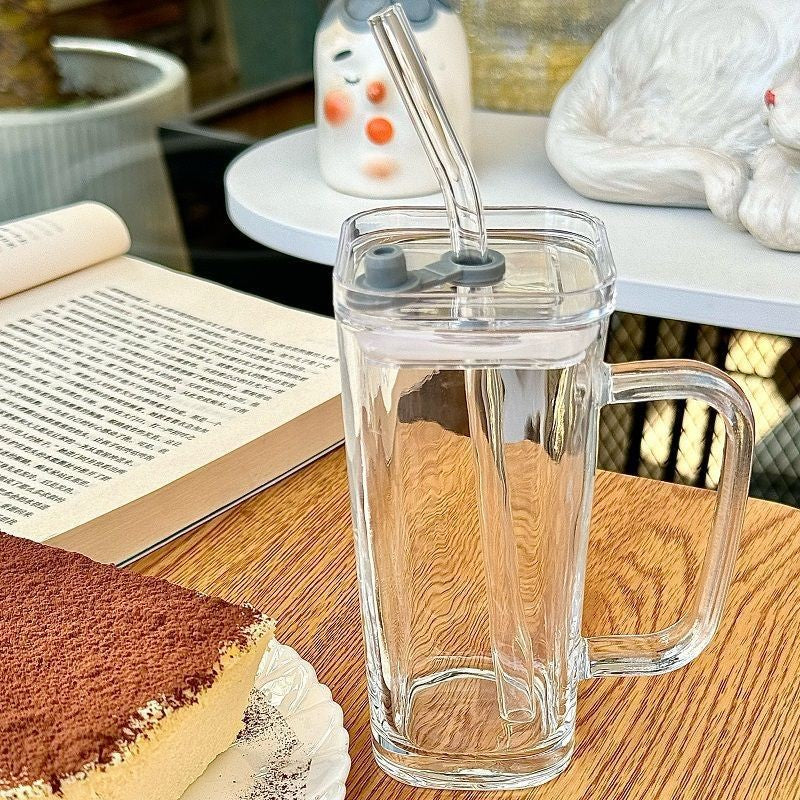 Pahar pentru Răcoritoare și Cafea cu Pai și Mâner, Rezistent la Temperaturi Ridicate, Design Pătrat Minimalist, Sticlă Transparentă, 330 ml