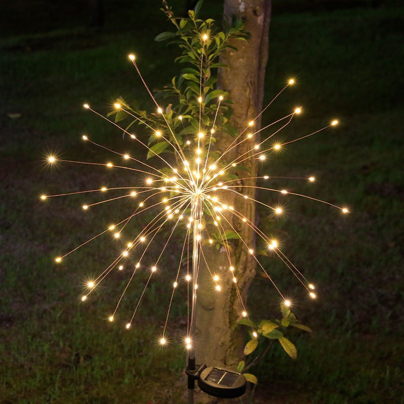 Lampa Solara Decorativa Gradina, Model Artificii Fireworks cu 8 Moduri Iluminare, Sarma Cupru Flexibila, IP55 Impermeabil, 120 LED-uri, 55W, 90 cm, Alb Cald