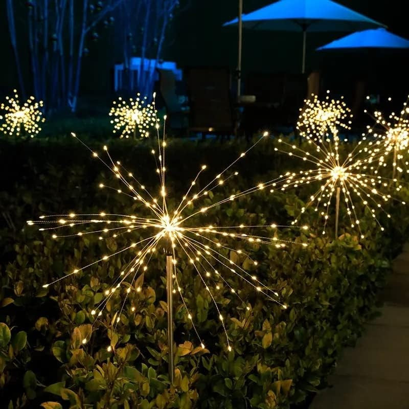 Lampa Solara Decorativa Gradina, Model Artificii Fireworks cu 8 Moduri Iluminare, Sarma Cupru Flexibila, IP55 Impermeabil, 120 LED-uri, 55W, 90 cm, Alb Cald