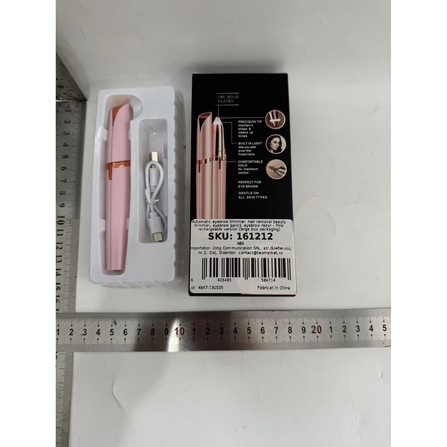 Trimmer Facial pentru Sprancene si Depilare Faciala, Reincarcabil USB, Fara Fir, Cap Detasabil, ABS si Otel Inoxidabil, 1.5 x 13 cm, Roz