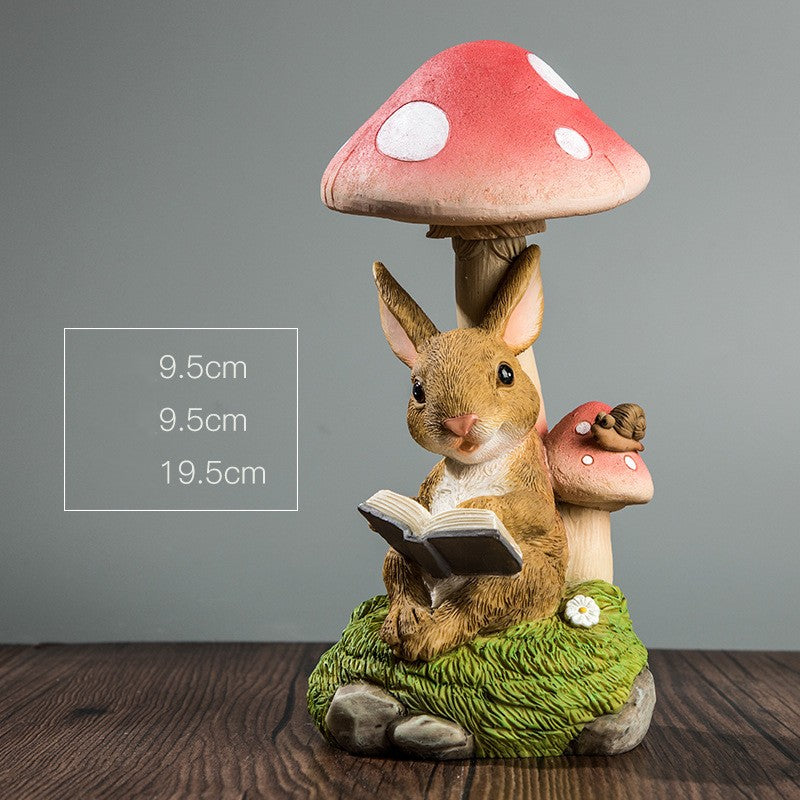 Decoratiune de Gradina cu Lumini LED Solare, Model Figurina Iepuras si Ciuperca, Rasina Rezistenta la Intemperii, 19.5 x 9.5 x 9.5 cm, Maro Deschis