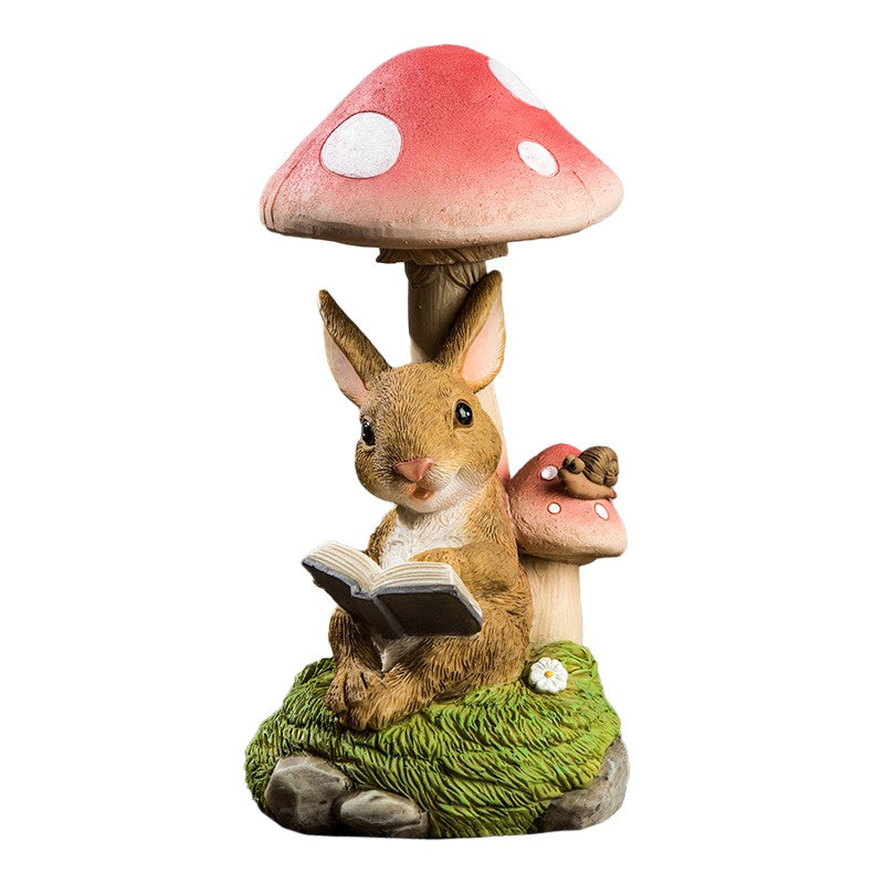 Decoratiune de Gradina cu Lumini LED Solare, Model Figurina Iepuras si Ciuperca, Rasina Rezistenta la Intemperii, 19.5 x 9.5 x 9.5 cm, Maro Deschis