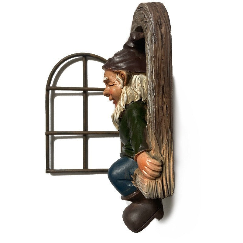 Decoratiune Gradina Model Elf la Fereastra, Statuie Figurina pentru Pom sau Perete, Rasina Rezistenta la Intemperii, 14.5 x 8 x 15 cm, Maro