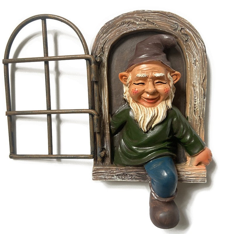 Decoratiune Gradina Model Elf la Fereastra, Statuie Figurina pentru Pom sau Perete, Rasina Rezistenta la Intemperii, 14.5 x 8 x 15 cm, Maro