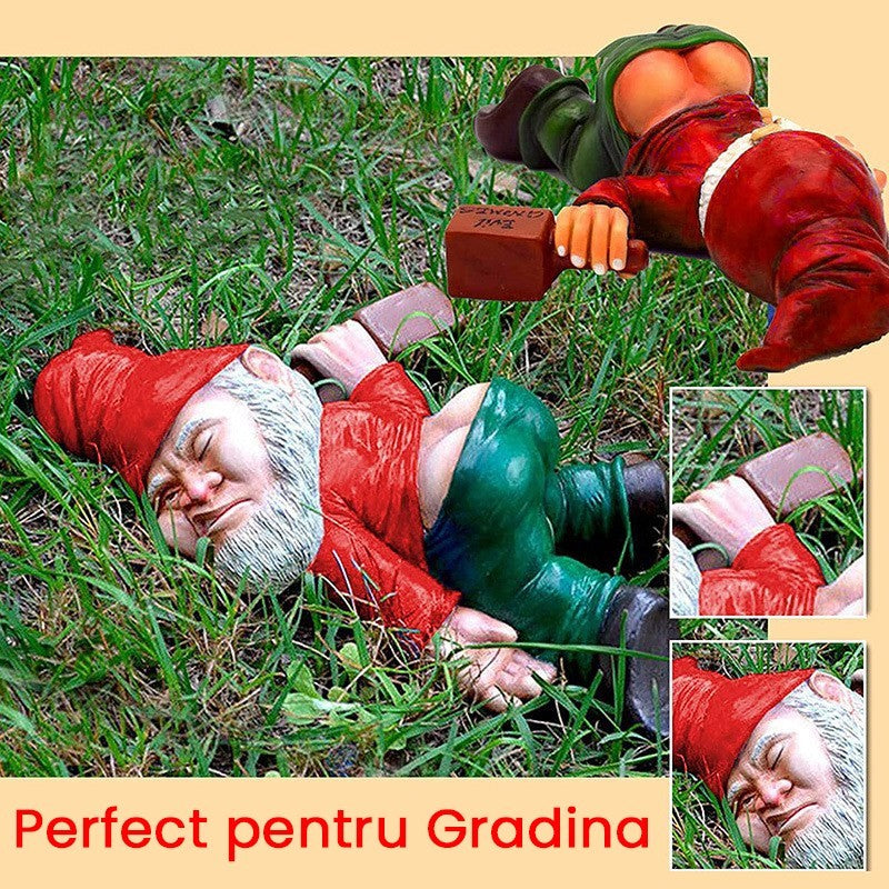 Pitic De Gradina Beat, Figurina Decorativa Amuzanta Pentru Exterior, Statuie Gnom Vesel Culcat, Rasina Rezistenta La Intemperii, 15x8x5 cm, Rosu