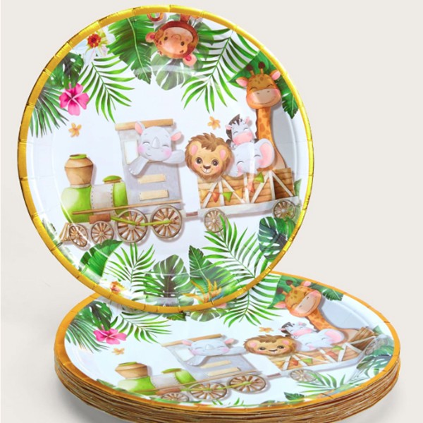 Farfurii de Unica Folosinta pentru Petrecere, Model Safari cu Animale si Margine Aurie, Carton Rezistent, Diametru 23 cm, Set 10 Bucati, Multicolor