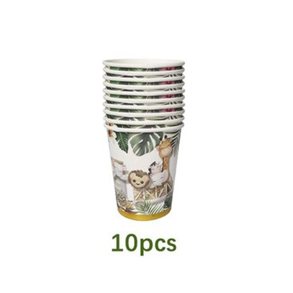 Set 10 Pahare Cartonate pentru Petreceri Copii, Design Safari cu Animale si Margine Aurie, Pahare de Unica Folosinta, Multicolor, 230 ml, 10 Bucati
