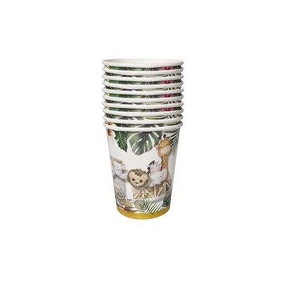 Set 10 Pahare Cartonate pentru Petreceri Copii, Design Safari cu Animale si Margine Aurie, Pahare de Unica Folosinta, Multicolor, 230 ml, 10 Bucati