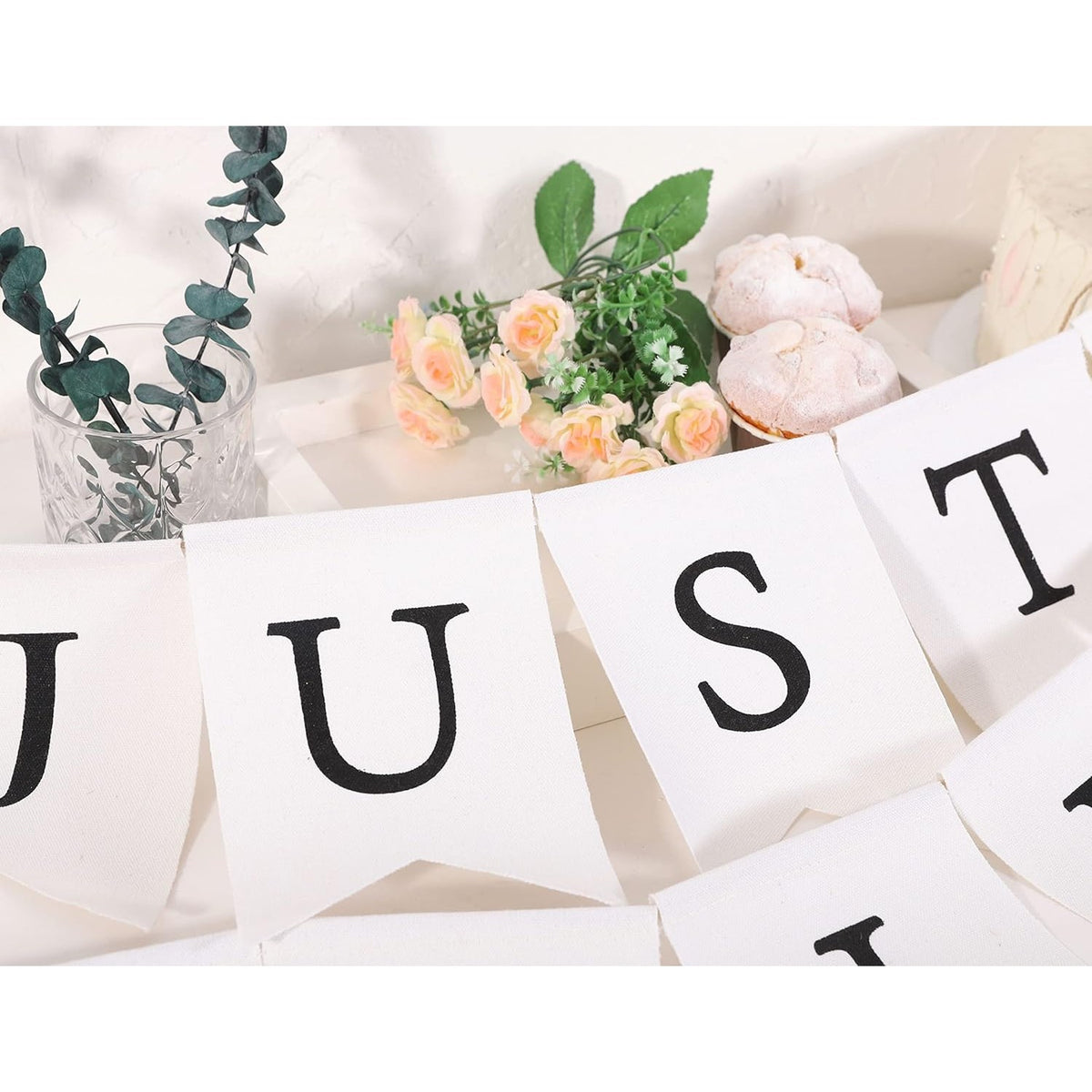 Banner Decorativ Nunta, Model Just Married, Ghirlanda Ornamente Sala si Photo Corner, Carton, Alb-Negru