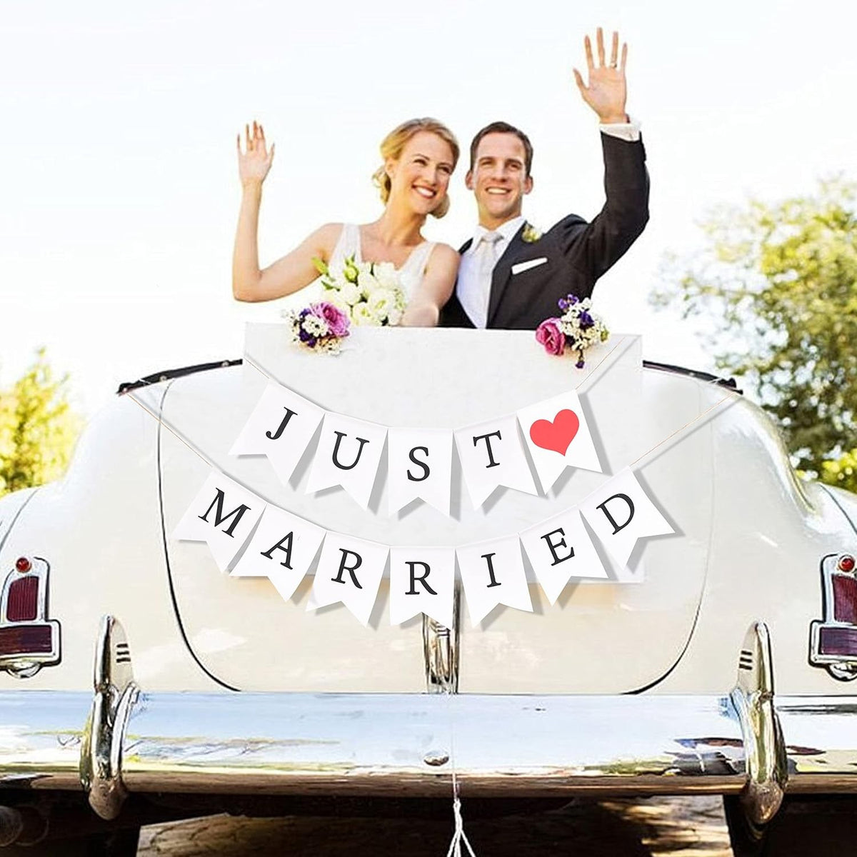 Banner Decorativ Nunta, Model Just Married, Ghirlanda Ornamente Sala si Photo Corner, Carton, Alb-Negru