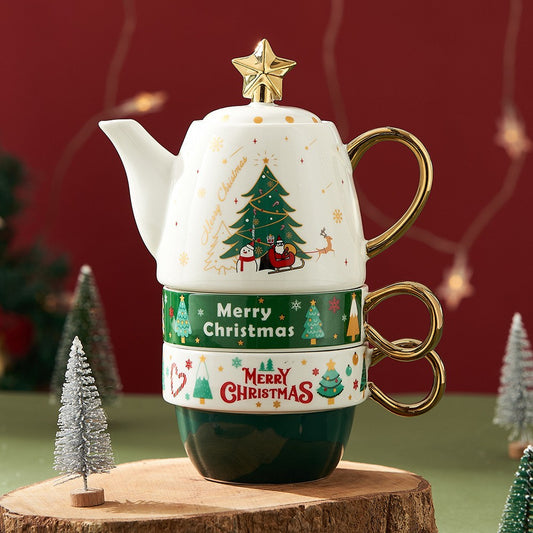 Set De Ceai Craciun Din Ceramica, Model Brad Cu Detalii Aurii, Ceainic 450 ml Si 2 Cani 250 ml, Alb/Verde