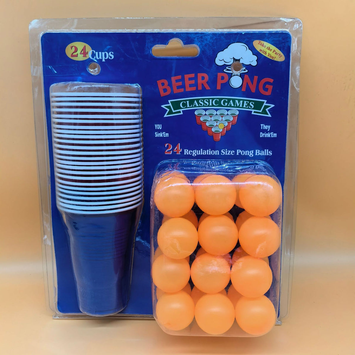 Joc de Baut Beer Pong, Set Interactiv pentru Petreceri Adulti, 24 Pahare Reutilizabile si 24 Mingi de Tenis, Plastic, Albastru Portocaliu