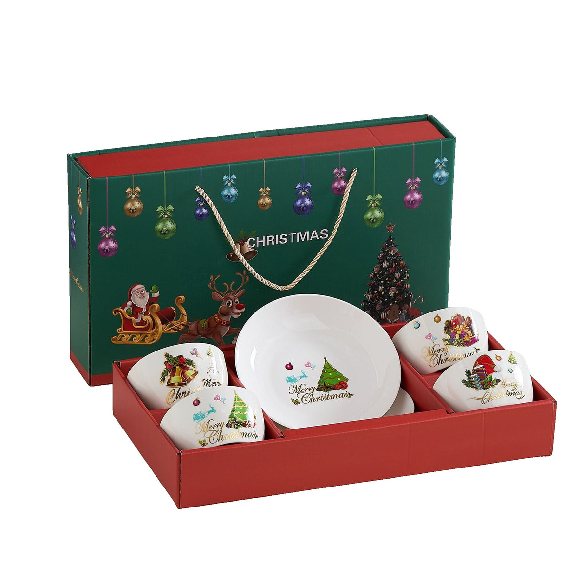 Set Vesela Festiva Craciun, Ceramica, 4 Boluri 300 ml si 2 Farfurii 18 cm, Model Mos Craciun, Cutie Cadou, Multicolor, 6 Piese
