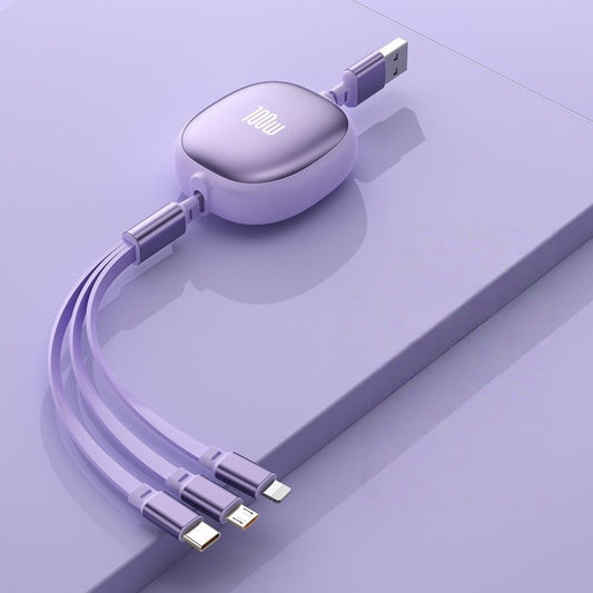 Cablu Retractabil Universal 3in1 pentru Incarcare Telefon, Conectori USB-C, Lightning si Micro USB, Design Extensibil Portabil, Lungime 1.2m, Mov