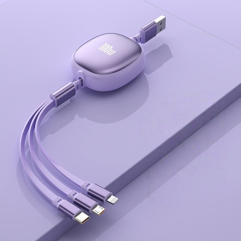 Cablu Retractabil Universal 3in1 pentru Incarcare Telefon, Conectori USB-C, Lightning si Micro USB, Design Extensibil Portabil, Lungime 1.2m, Mov
