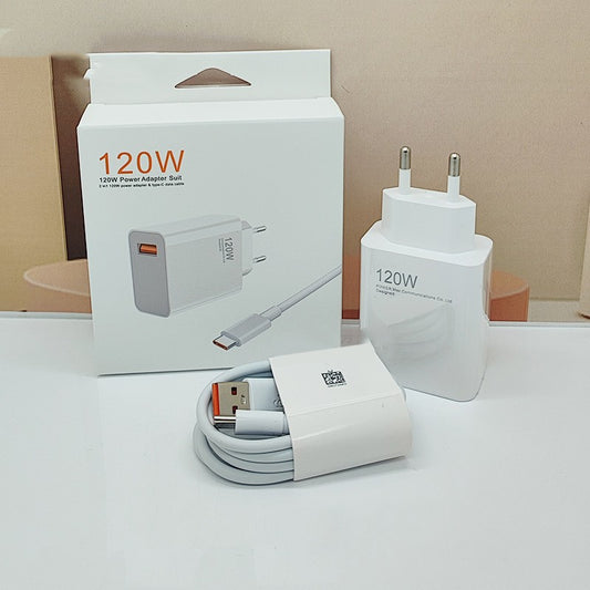 Incarcator Retea Super Charge 120W, Incarcare Rapida Fast Charge, Adaptor Priza USB-A si Cablu USB-C 1m, Alb