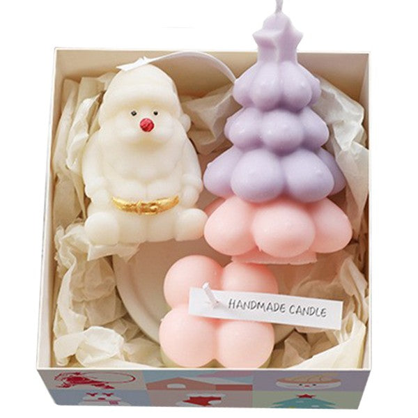 Set Lumanari Parfumate De Craciun Si Aromaterapie, Lumanari Artizanale Handmade Turnate Manual, Design Festive Pastel, Cutie Cadou Premium, 3 Bucati, Mov Si Roz, 11 x 11 x 7.5 cm