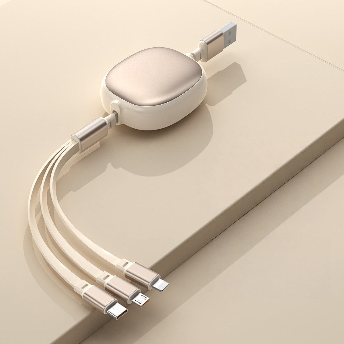 Cablu Incarcare Retractabil Universal 3in1, Conectori USB-C, Lightning si Micro-USB, Design Extensibil Portabil, Lungime 1.2m, Bej