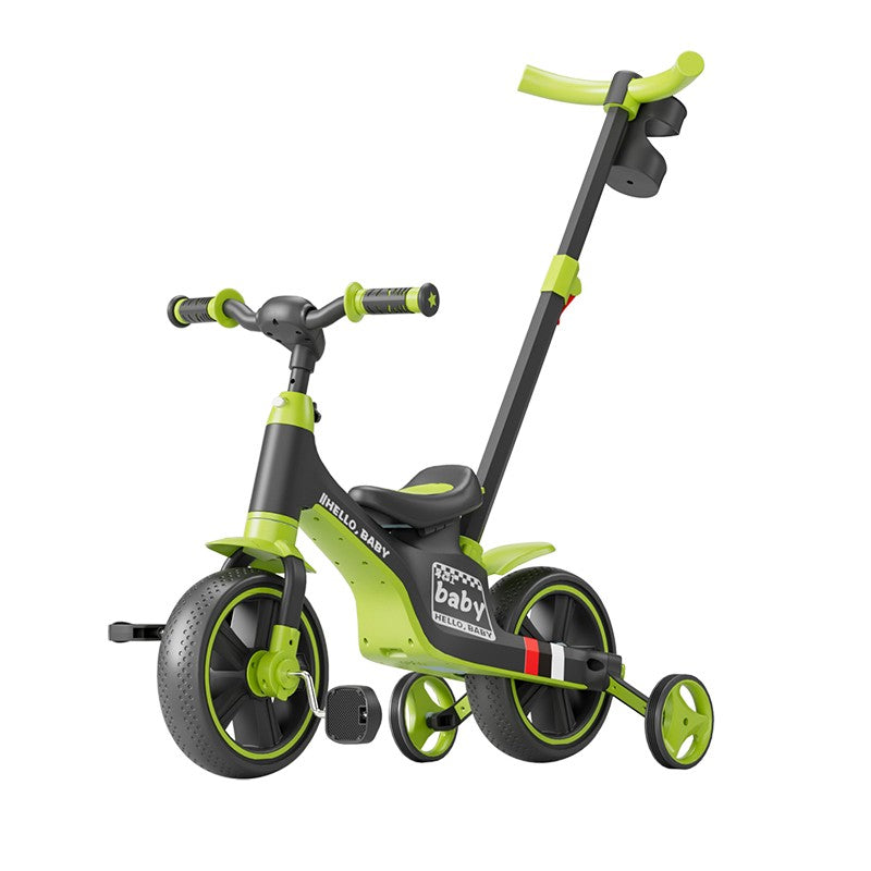 Bicicleta Multifunctionala pentru Copii, 3 in 1 Tricicleta si Bicicleta cu Roti Ajutatoare, Ghidon si Scaun Reglabil, Cadru Otel, 2-6 Ani, 93 x 78 x 43 cm, Negru/Verde
