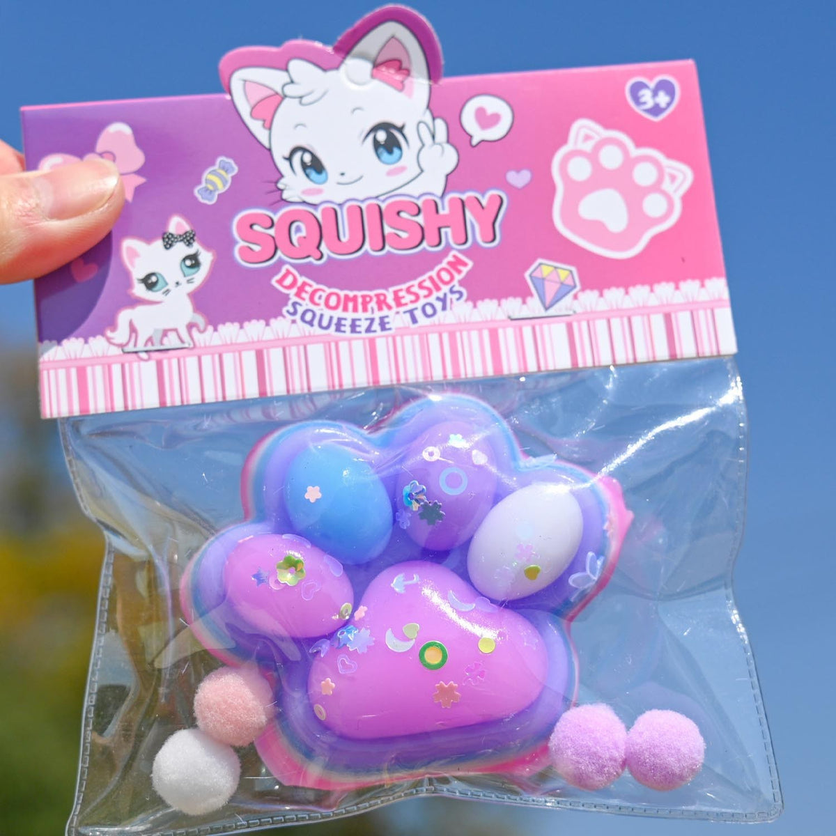 Jucarie Antistres Squishy, Labuta de Pisica Pufoasa cu Revenire Lenta, Material TPR Moale, Terapie Senzoriala, 7.5 x 6 cm, Multicolor