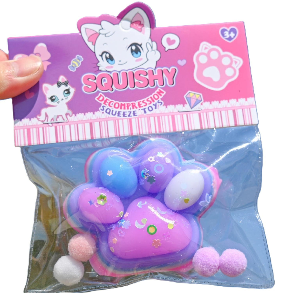 Jucarie Antistres Squishy, Labuta de Pisica Pufoasa cu Revenire Lenta, Material TPR Moale, Terapie Senzoriala, 7.5 x 6 cm, Multicolor