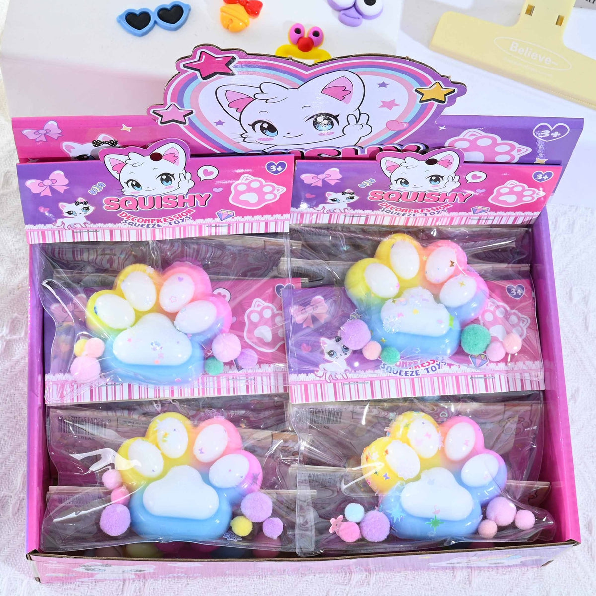 Jucarie Antistres Squishy, Labuta de Pisica Pufoasa cu Revenire Lenta, Material TPR, 7.5 x 8.5 cm, Model 27058, Multicolor