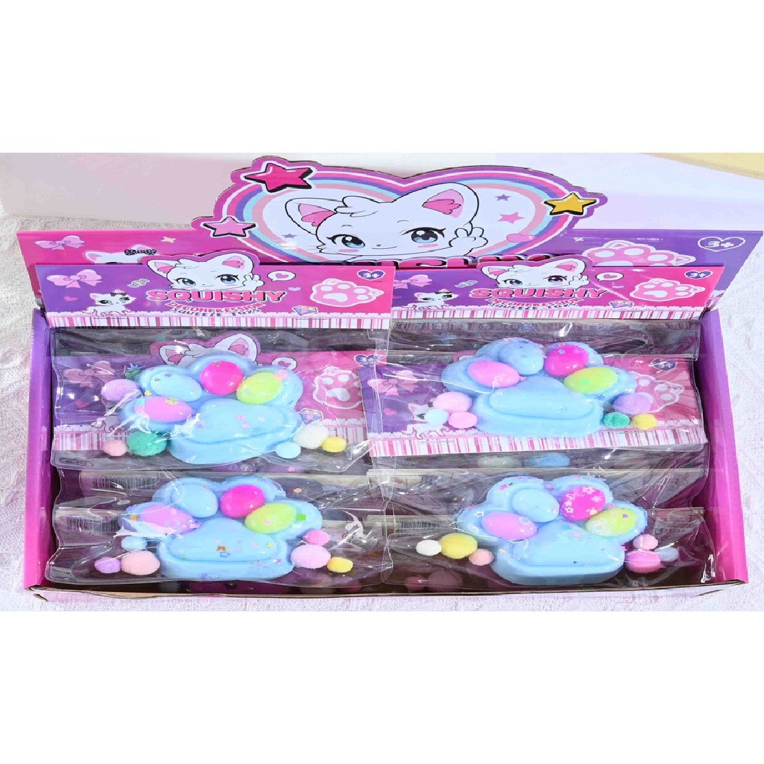 Jucarie Antistres Squishy, Labuta de Pisica Pufoasa cu Revenire Lenta, Material TPR Moale, 7.5 x 8.5 cm, Multicolor