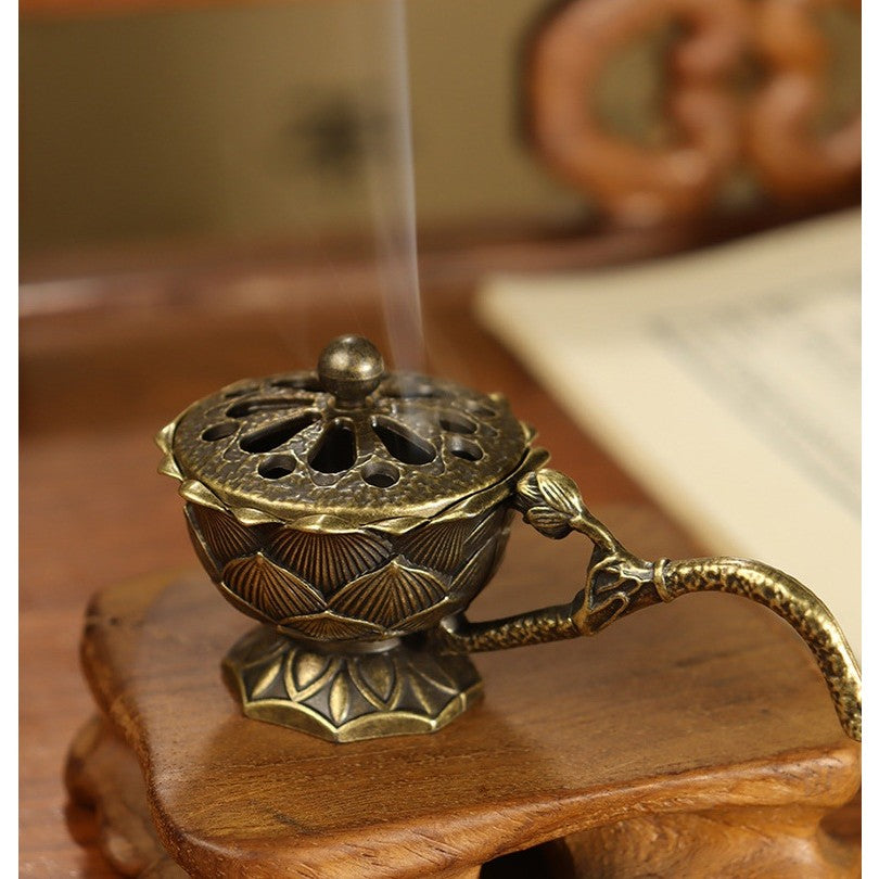 Suport Pentru Tămâie Și Aromaterapie, Model Lotus Cu Mâner, Aliaj De Zinc Ignifug, 9.7 x 4.8 x 4.7 cm, Bronz