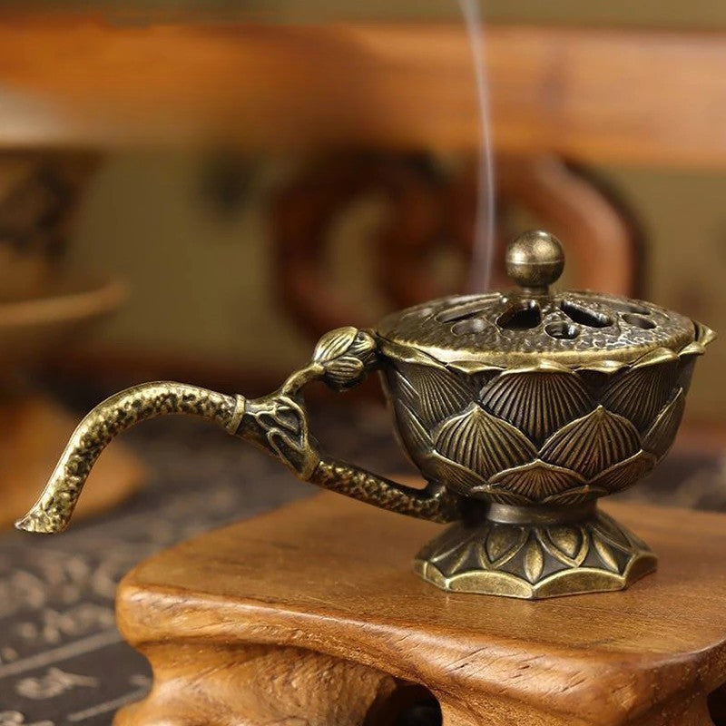 Suport Pentru Tămâie Și Aromaterapie, Model Lotus Cu Mâner, Aliaj De Zinc Ignifug, 9.7 x 4.8 x 4.7 cm, Bronz