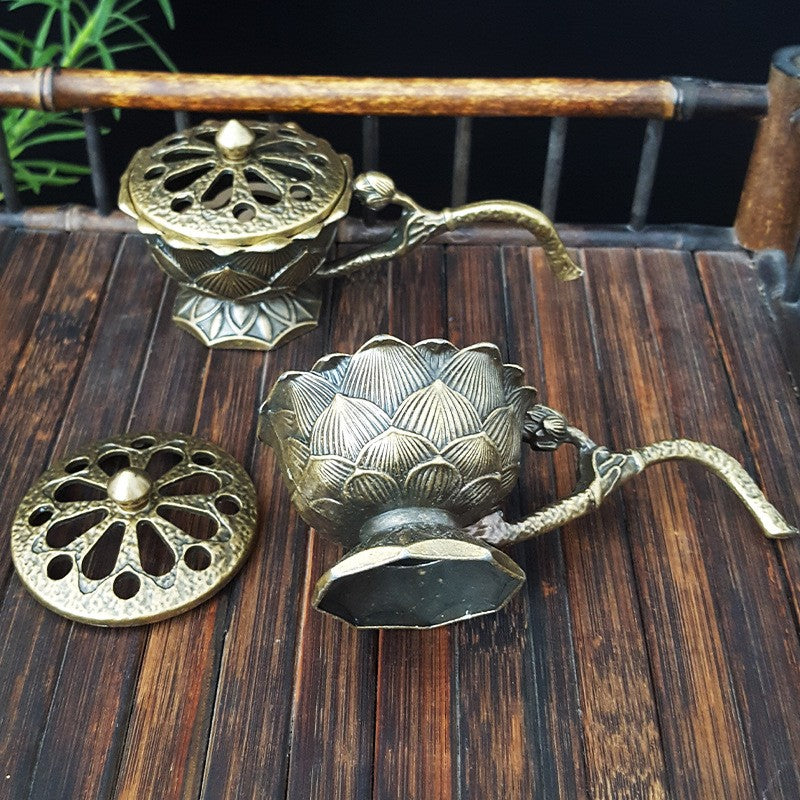 Suport Pentru Tămâie Și Aromaterapie, Model Lotus Cu Mâner, Aliaj De Zinc Ignifug, 9.7 x 4.8 x 4.7 cm, Bronz