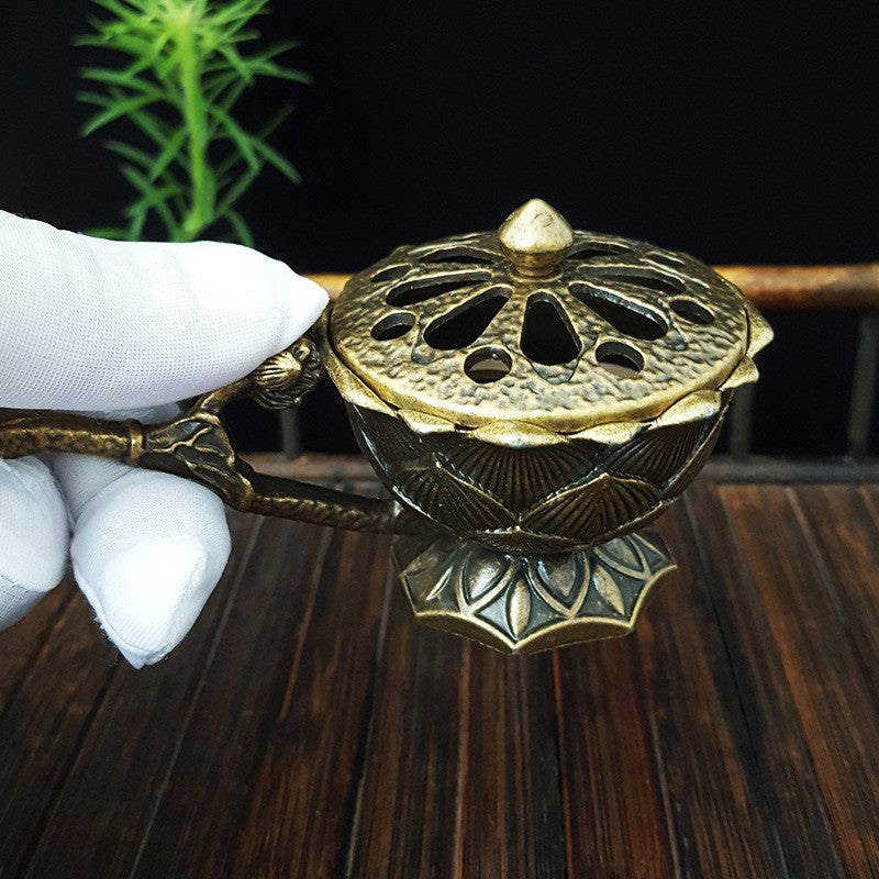 Suport Pentru Tămâie Și Aromaterapie, Model Lotus Cu Mâner, Aliaj De Zinc Ignifug, 9.7 x 4.8 x 4.7 cm, Bronz
