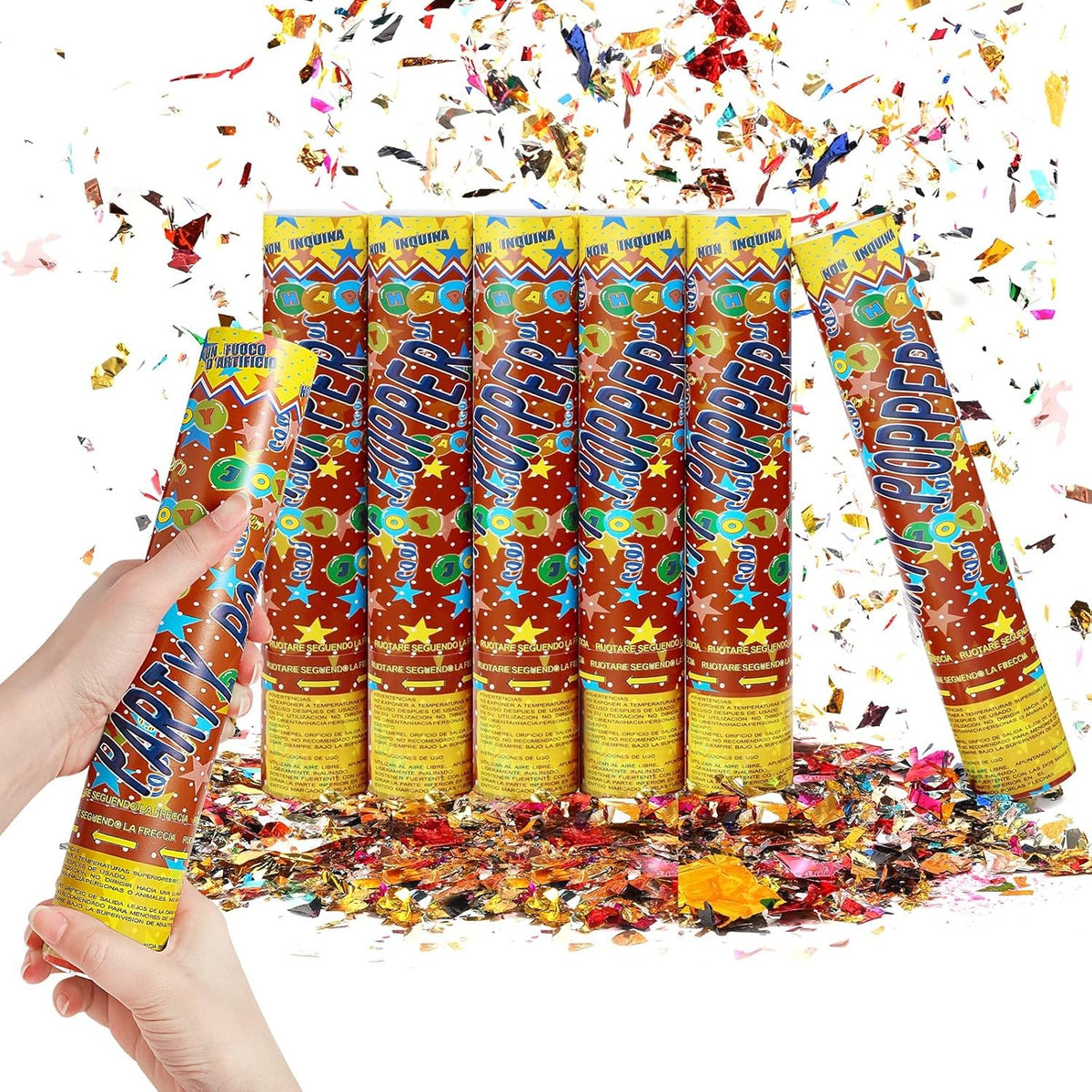 Tun de Confetti Party Popper, Model Inimioare si Stelute din Aluminiu, Activare Manuala prin Rasucire, Multicolor, 60x5 cm