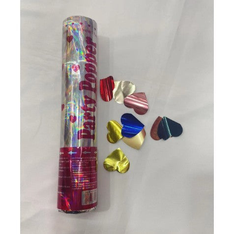Tub de Confetti Party Popper, Inimioare din Aluminiu Lucioase, Activare prin Rasucire, 20x5 cm, Multicolor