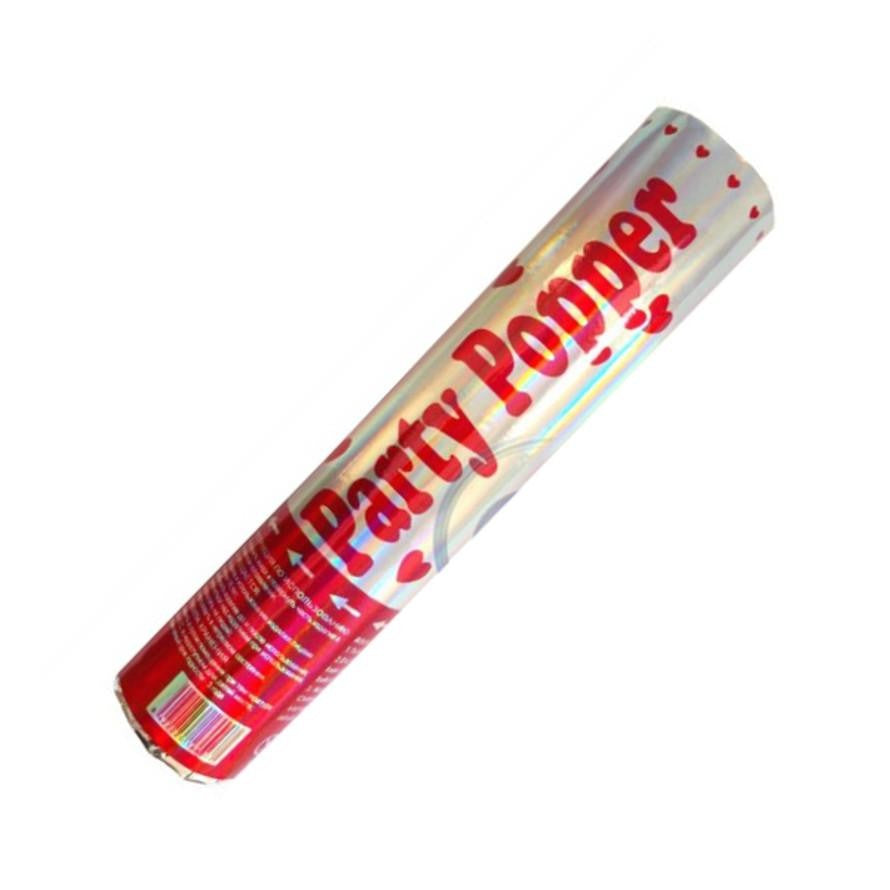 Tub de Confetti Party Popper, Inimioare din Aluminiu Lucioase, Activare prin Rasucire, 20x5 cm, Multicolor