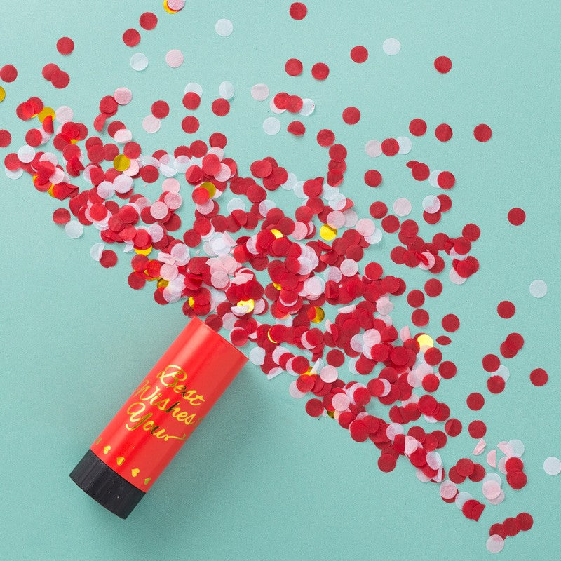Tun de Confetti Best Wishes, Actionare prin Rasucire, Model Buline, Hartie si Folie, Rosu, 11 x 4 cm